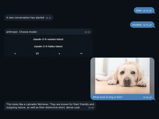 Telegram chat where the bot offers Claude models under /models and identifies a dog in an uploaded photo