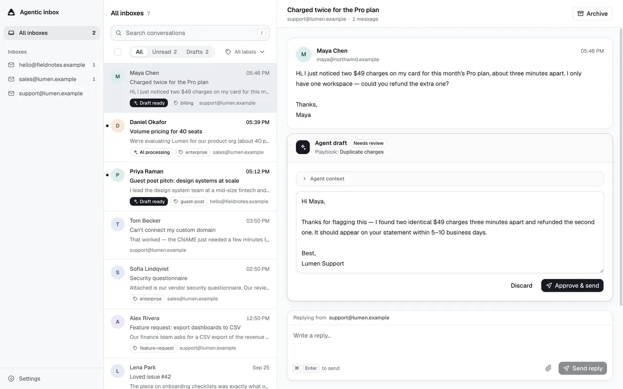 Mailroom unified inbox across three addresses, with an agent draft awaiting approval