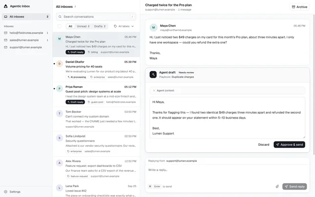Mailroom unified inbox across three addresses, with an agent draft awaiting approval