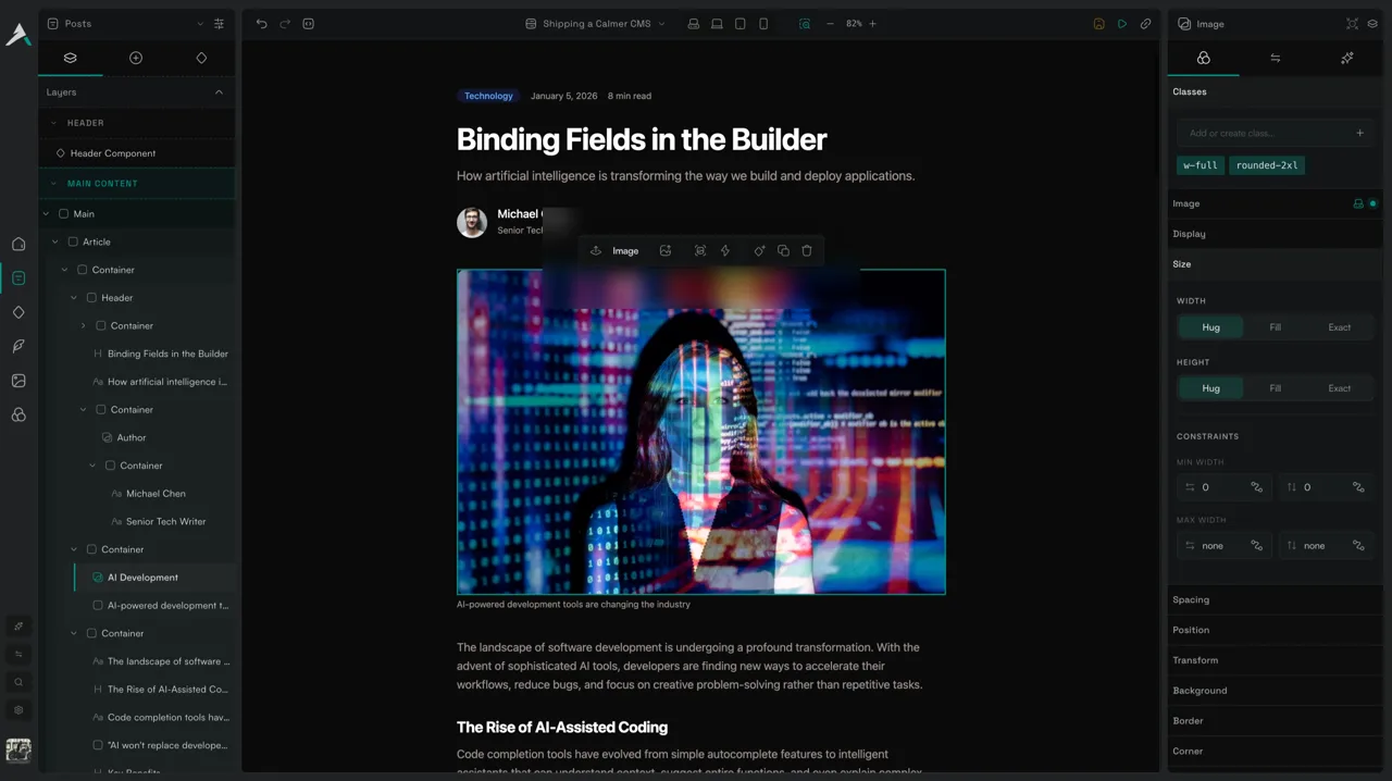 Aria Builder Composer editing a blog post, with the layer tree on the left and image size controls on the right