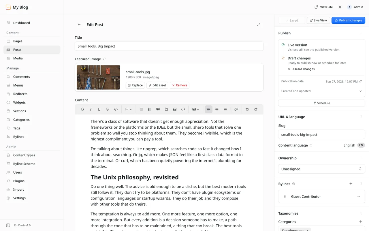 EmDash admin Edit Post screen with the rich text editor, featured image and a Publish panel for scheduling