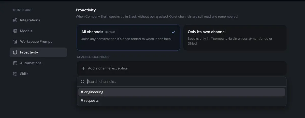 Company Brain Proactivity settings: All channels or Only its own channel, with a picker for channel exceptions