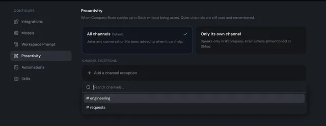 Company Brain Proactivity settings: All channels or Only its own channel, with a picker for channel exceptions