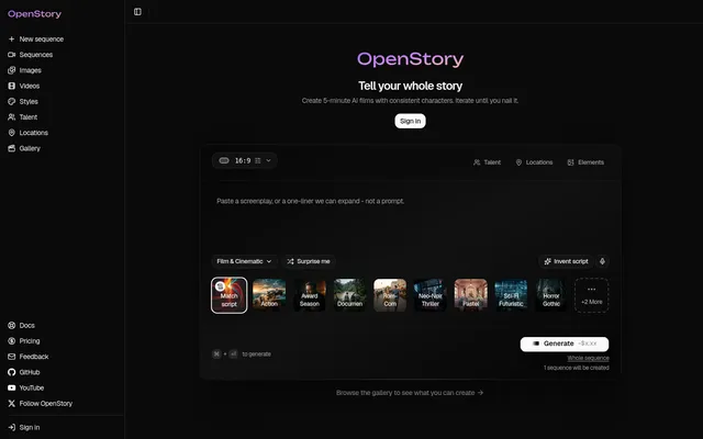 OpenStory new-sequence screen with a script box, aspect ratio picker and style presets such as Action and Neo-Noir