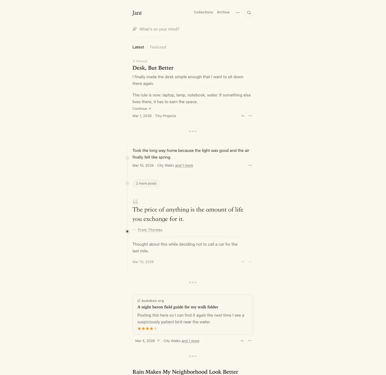 Jant Latest timeline with a pinned post, a collapsed thread, a quote and a four-star link card