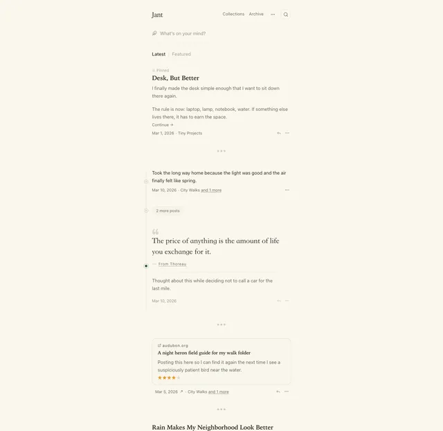 Jant Latest timeline with a pinned post, a collapsed thread, a quote and a four-star link card
