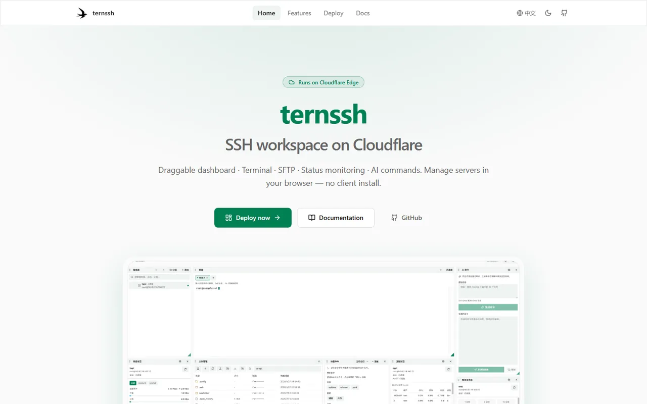 ternssh homepage with Deploy now and Documentation buttons and a dashboard preview in Chinese