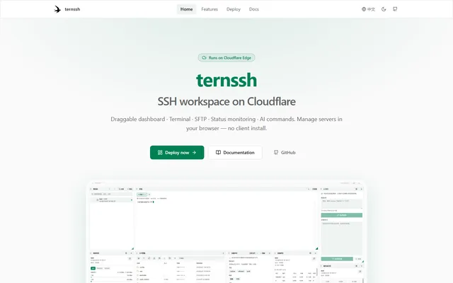 ternssh homepage with Deploy now and Documentation buttons and a dashboard preview in Chinese