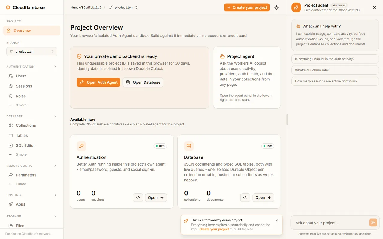 Cloudflarebase console overview of a demo project, with Auth and Database agents and the Workers AI copilot panel