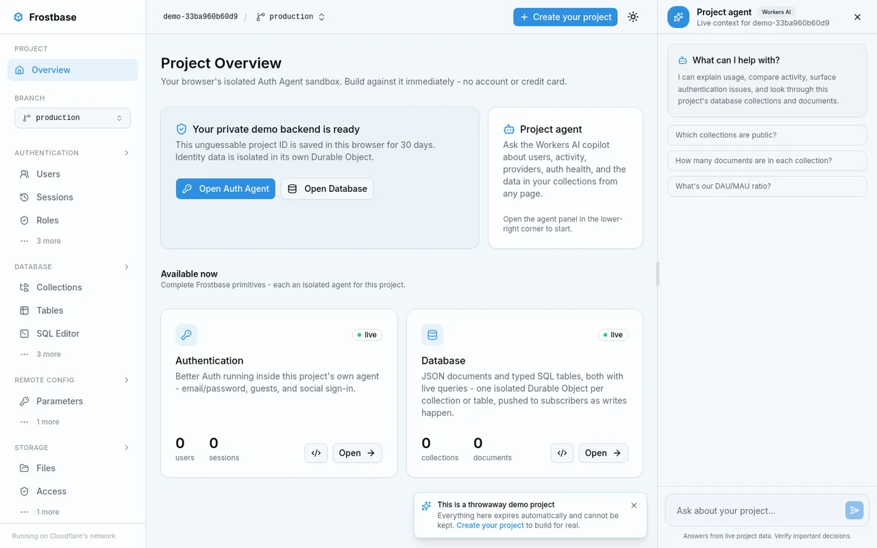 Frostbase dashboard overview of a demo project, with the auth and database agents and the Workers AI project agent panel