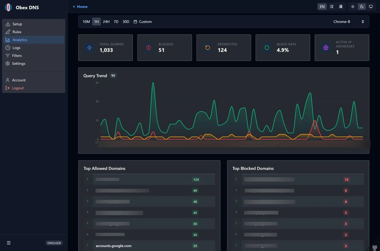 DNS Worker analytics with query totals, blocked queries and top domains