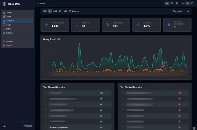 DNS Worker analytics with query totals, blocked queries and top domains