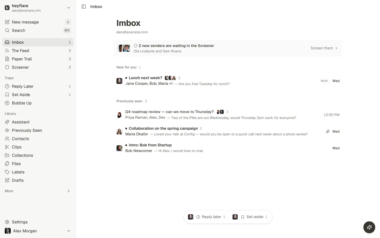 heyflare Imbox with a Screener notice, new and previously seen threads, and the tray sidebar