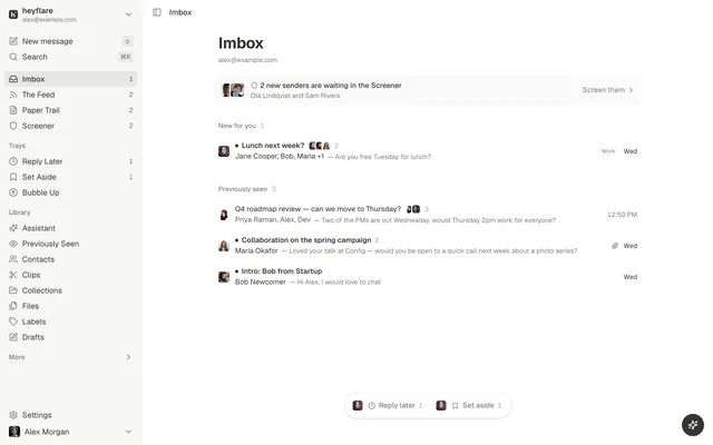heyflare Imbox with a Screener notice, new and previously seen threads, and the tray sidebar