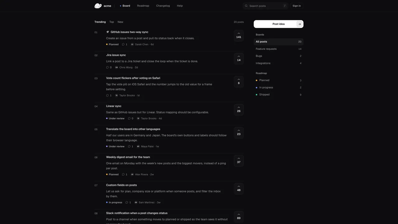 openheard public board with trending posts, vote counts and statuses, and board and roadmap counts in the sidebar