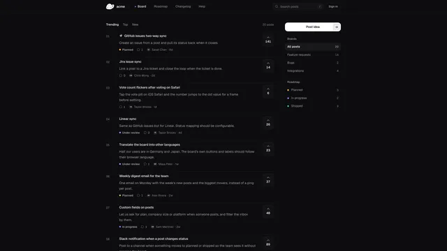 openheard public board with trending posts, vote counts and statuses, and board and roadmap counts in the sidebar