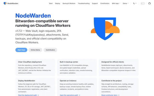 NodeWarden homepage header with a feature summary and Start Here, Online Demo and Contributors buttons
