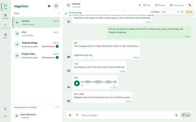 EdgeChat web demo with the chat list and the General group, showing an admin notice, an image attachment, a voice message and a mention