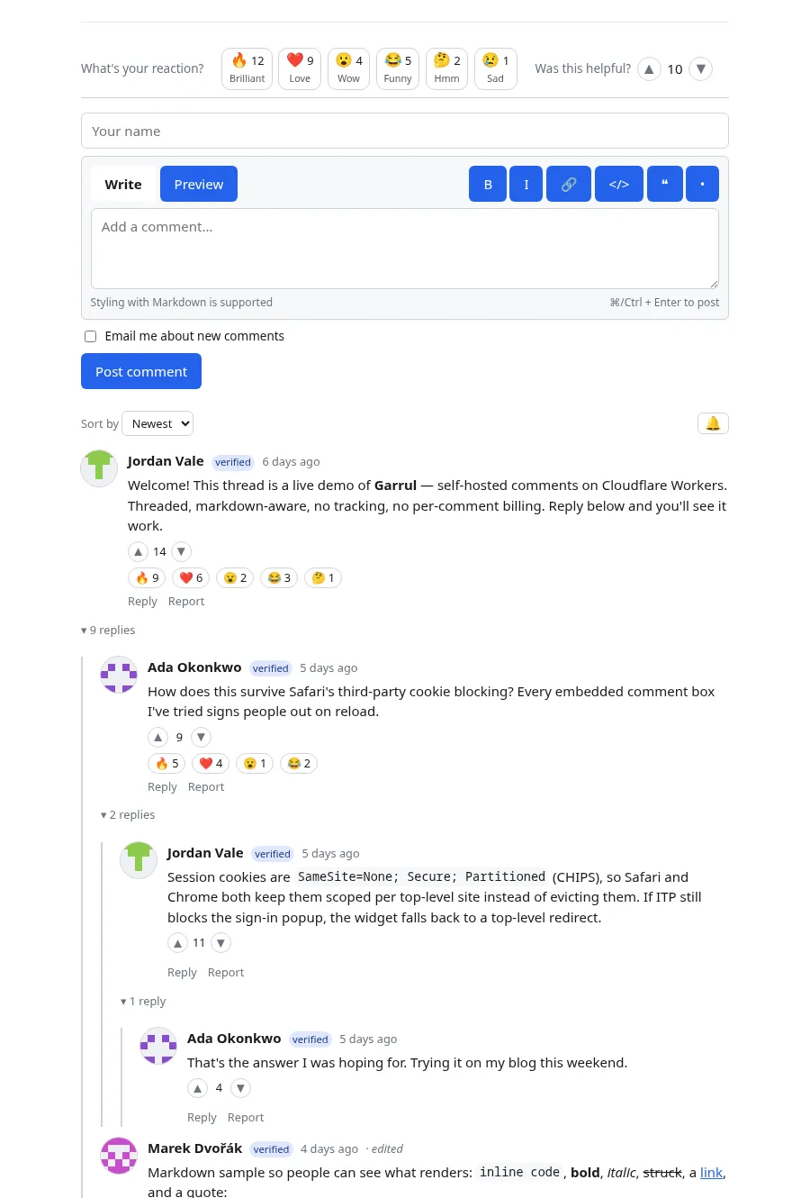 Garrul comment widget with page reactions, a markdown composer and a threaded discussion with votes
