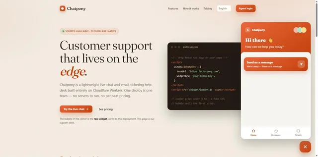 Chatpony homepage with the live chat widget open, offering a Send us a message button