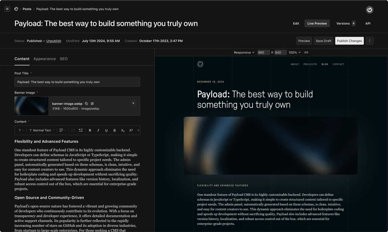 Payload admin panel editing a page with live preview