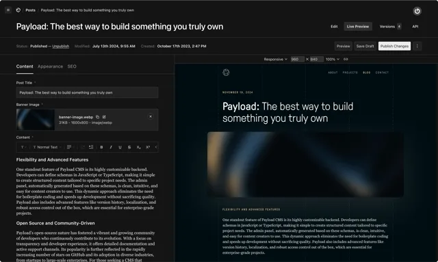 Payload admin panel editing a page with live preview