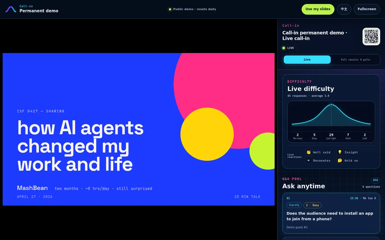 Call-in presenter view with a slide beside the live dashboard of difficulty ratings, reactions and audience questions