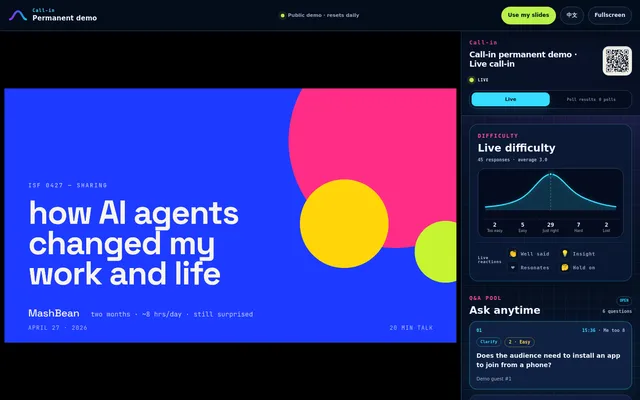 Call-in presenter view with a slide beside the live dashboard of difficulty ratings, reactions and audience questions