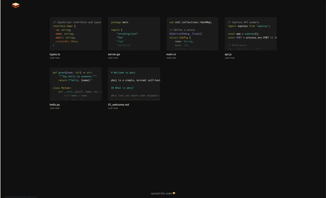 pbnj homepage grid of code pastes with syntax highlighting in the Flexoki Dark theme