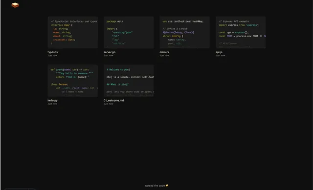 pbnj homepage grid of code pastes with syntax highlighting in the Flexoki Dark theme